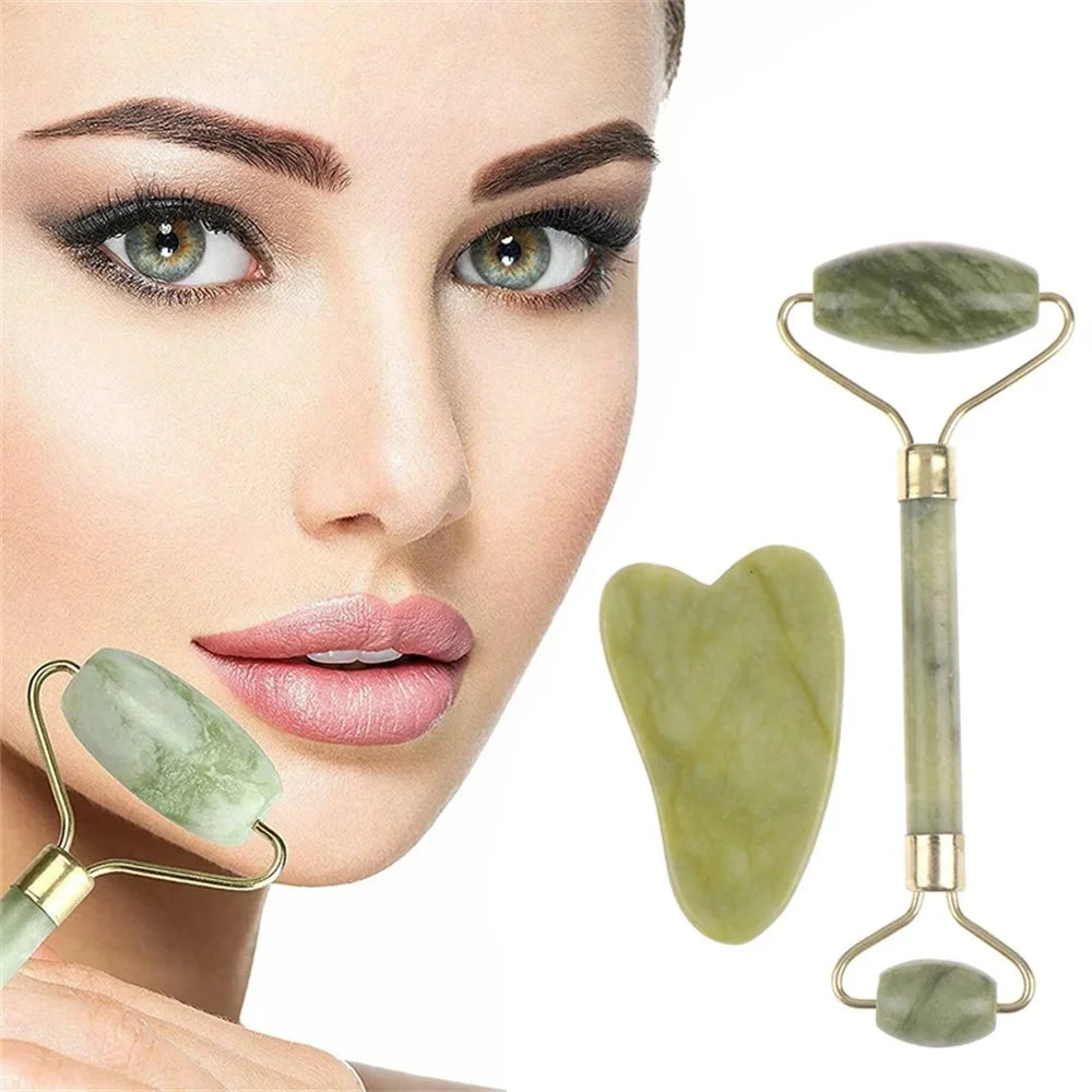 Jade Gua Sha & Roller Set - Natural Stone Facial Massage Beauty Tool