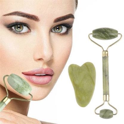 Jade Gua Sha & Roller Set - Natural Stone Facial Massage Beauty Tool