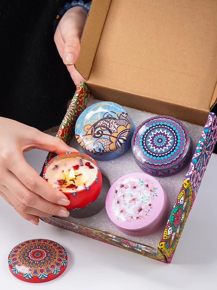 Scented Candle Set 4pcs - Soy Candles with Crystals & Dried Flowers