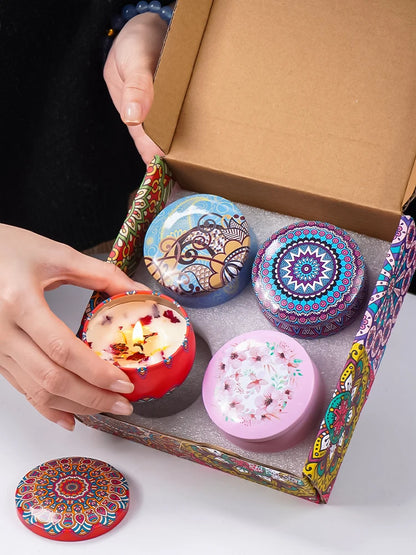 Scented Candle Set 4pcs - Soy Candles with Crystals & Dried Flowers