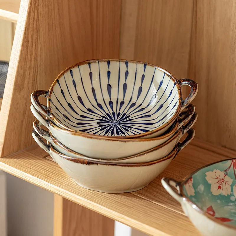 Handled Ceramic Noodle Bowl Japanese - 7.5 Inch Microwave Safe Soup Bowl