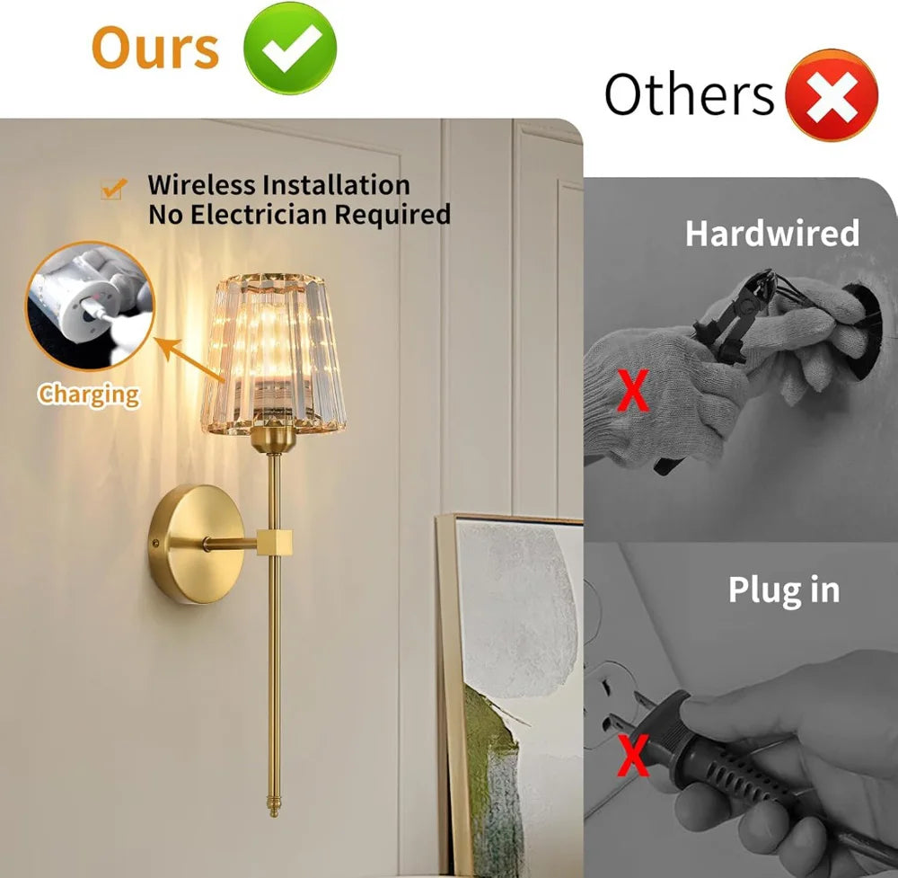 Rechargeable Crystal Wall Lights - No Wiring American Style LED Bedroom Lamps