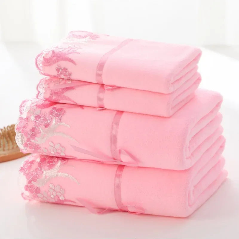 Lace-Trimmed Towel Set 3pcs - Soft Absorbent Embroidered Gift Set