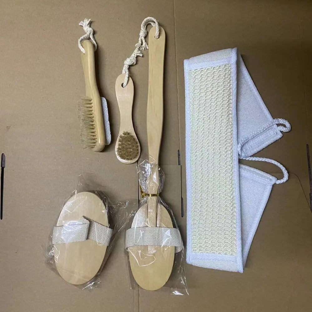 Natural Bristle Brush Set 5pcs - Spa Body Exfoliating Massager
