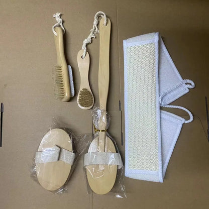 Natural Bristle Brush Set 5pcs - Spa Body Exfoliating Massager