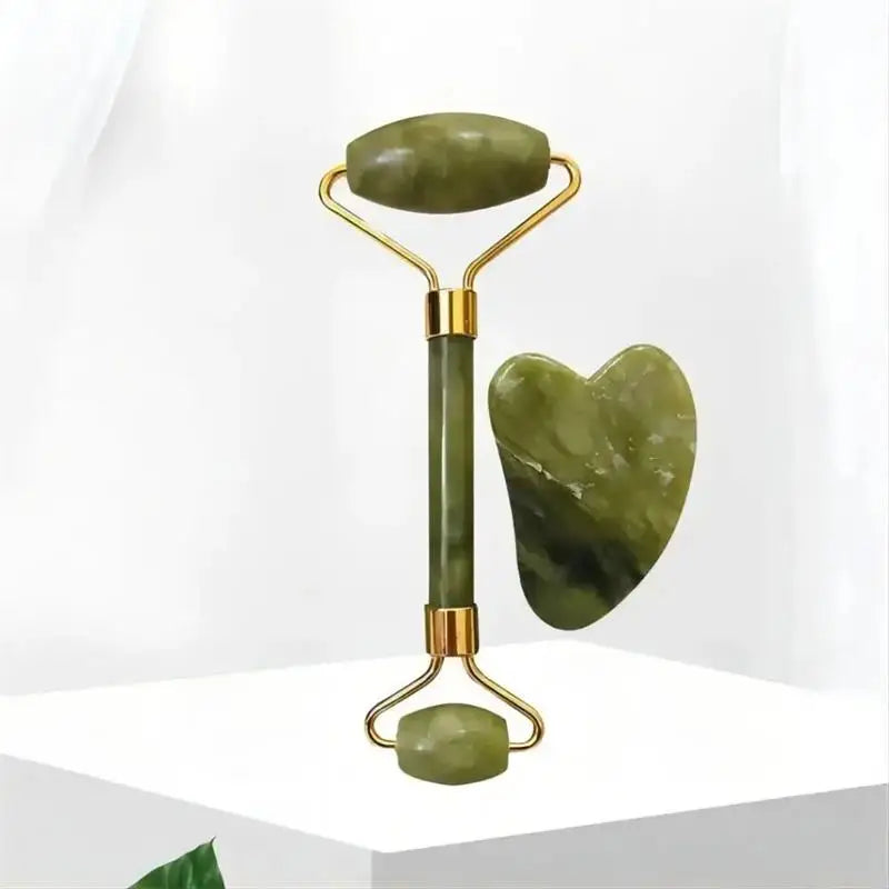 Jade Gua Sha & Roller Set - Natural Stone Facial Massage Beauty Tool