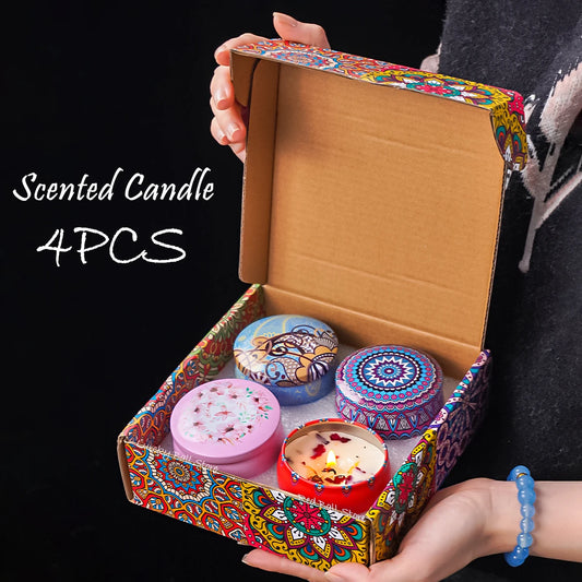 Scented Candle Set 4pcs - Soy Candles with Crystals & Dried Flowers
