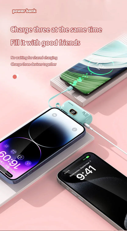 Digital -High Capacity Power Bank 30000mAh - Mini Capsule Fast Charger Mobile Battery Battery with Cable