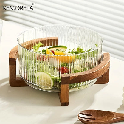 Decorative Glass Bowl with Wood Stand - Round Serving Bowl for Living Room"
