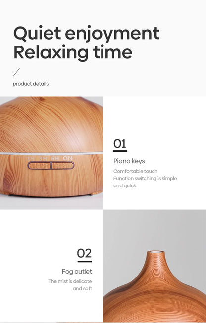 Aromatherapy Diffuser 500ml - Wood Grain Ultrasonic Humidifier 7 Colour LED