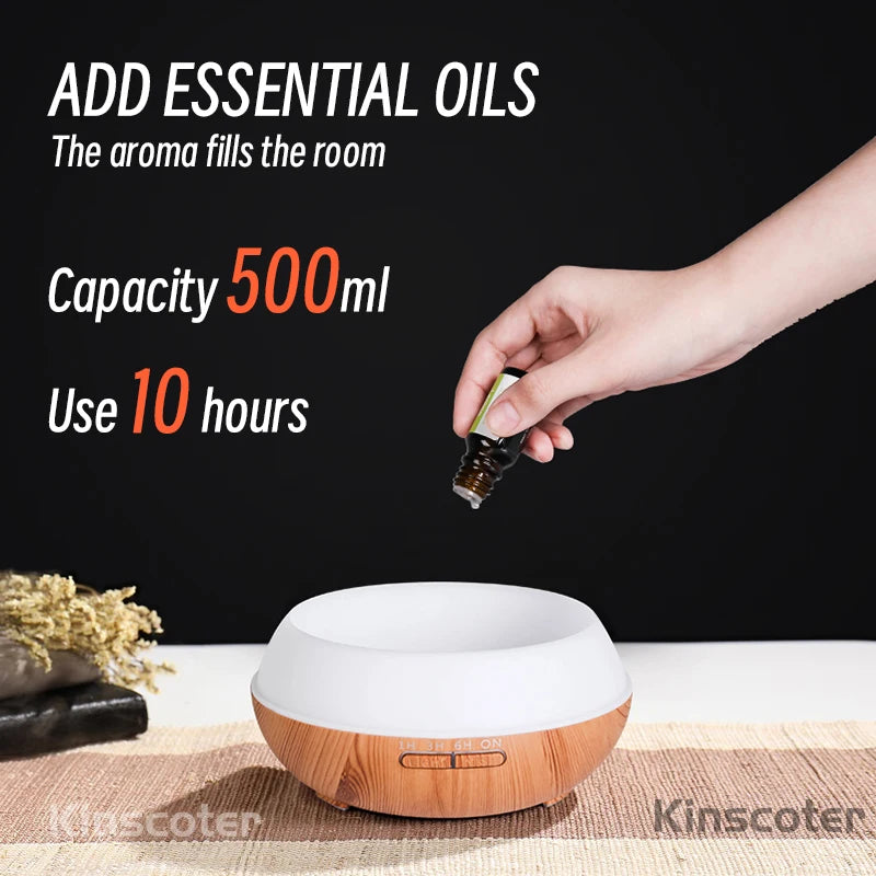 Aromatherapy Diffuser 500ml - Wood Grain Ultrasonic Humidifier 7 Colour LED