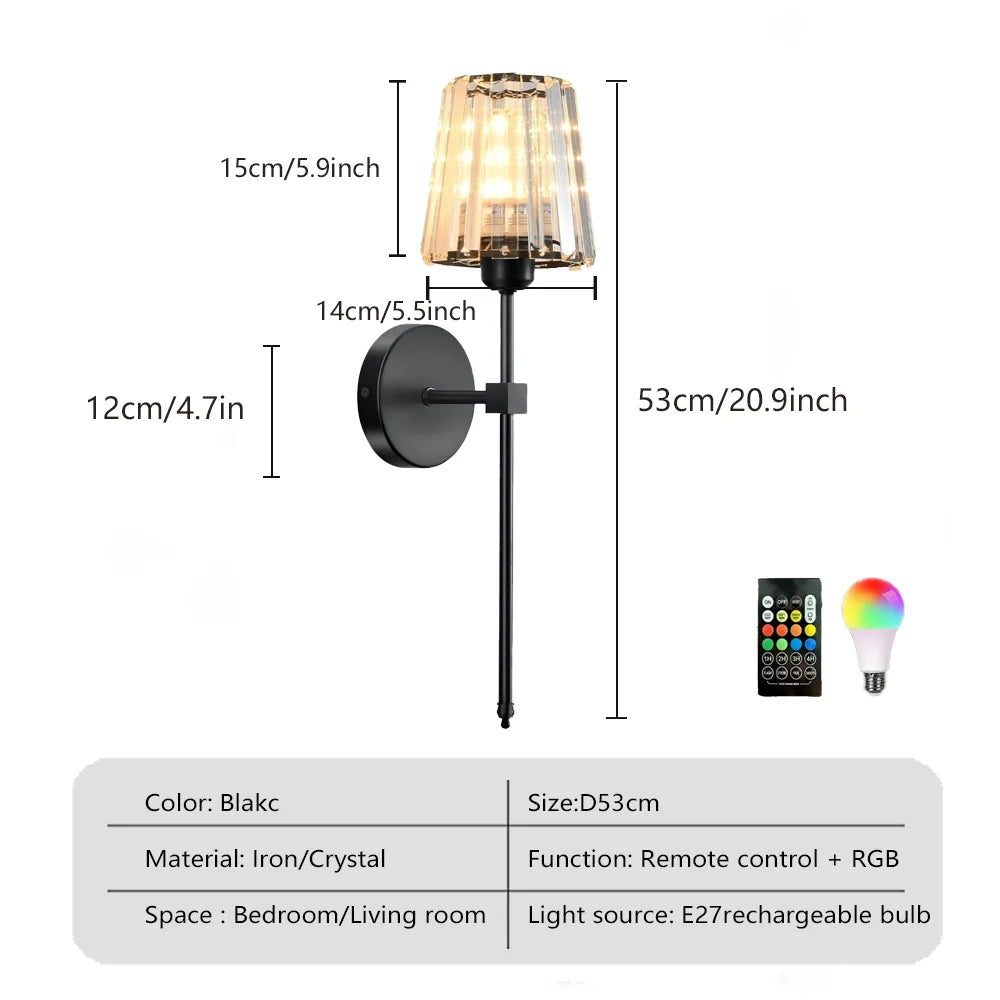 Rechargeable Crystal Wall Lights - No Wiring American Style LED Bedroom Lamps