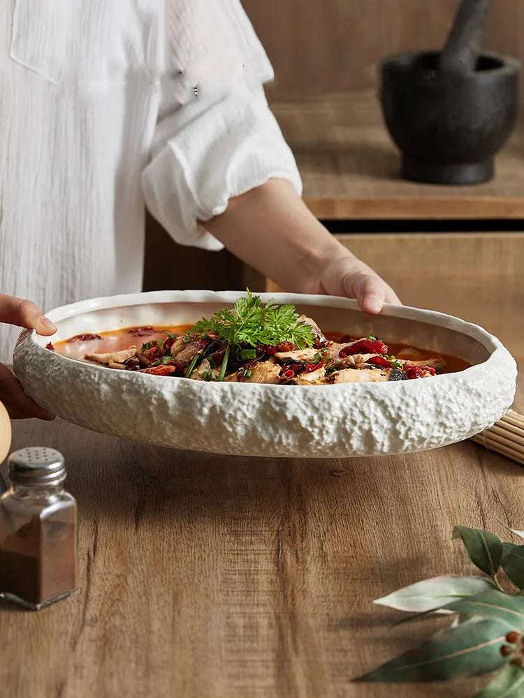 Textured Ceramic Dinner Plate - Pure White Rock Pattern Plate for Steaks