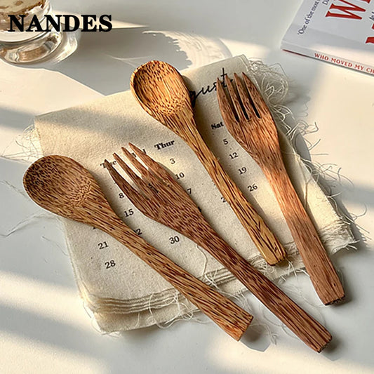 Natural Coconut Tableware Set - Handmade Wooden Cutlery for Desserts"